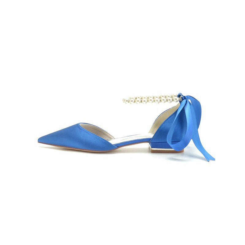 Pearl Ribbon Pointed Toe Ankle Strap Kitten Heels
