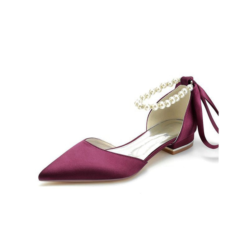 Pearl Ribbon Pointed Toe Ankle Strap Kitten Heels