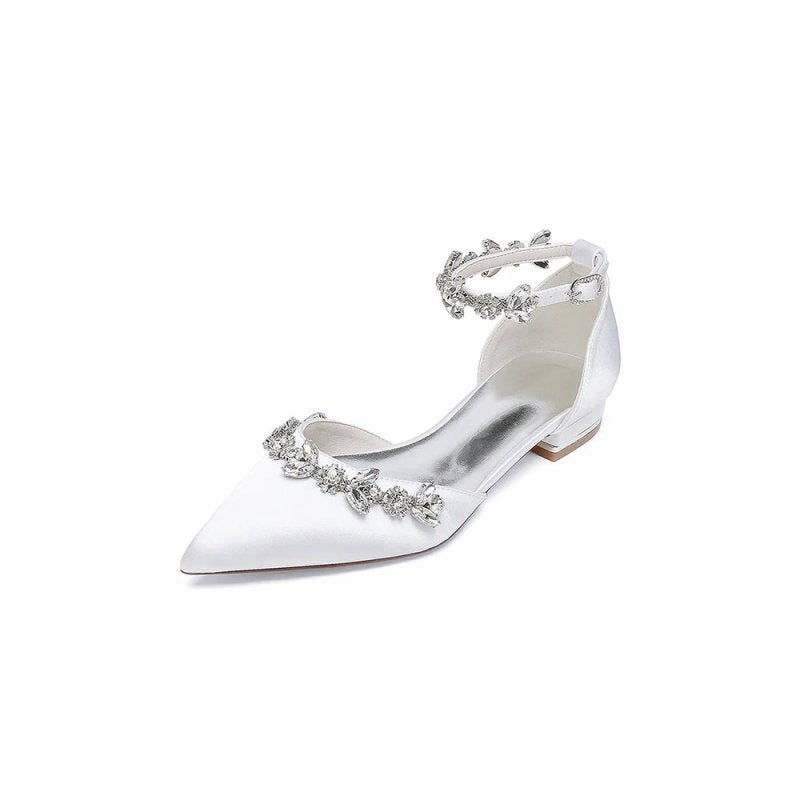 Pointed Toe Rhinestone Beaded Ankle Strap Kitten Heels