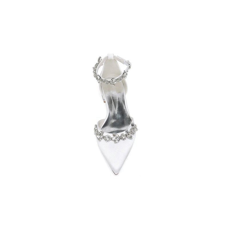 Pointed Toe Rhinestone Beaded Ankle Strap Kitten Heels