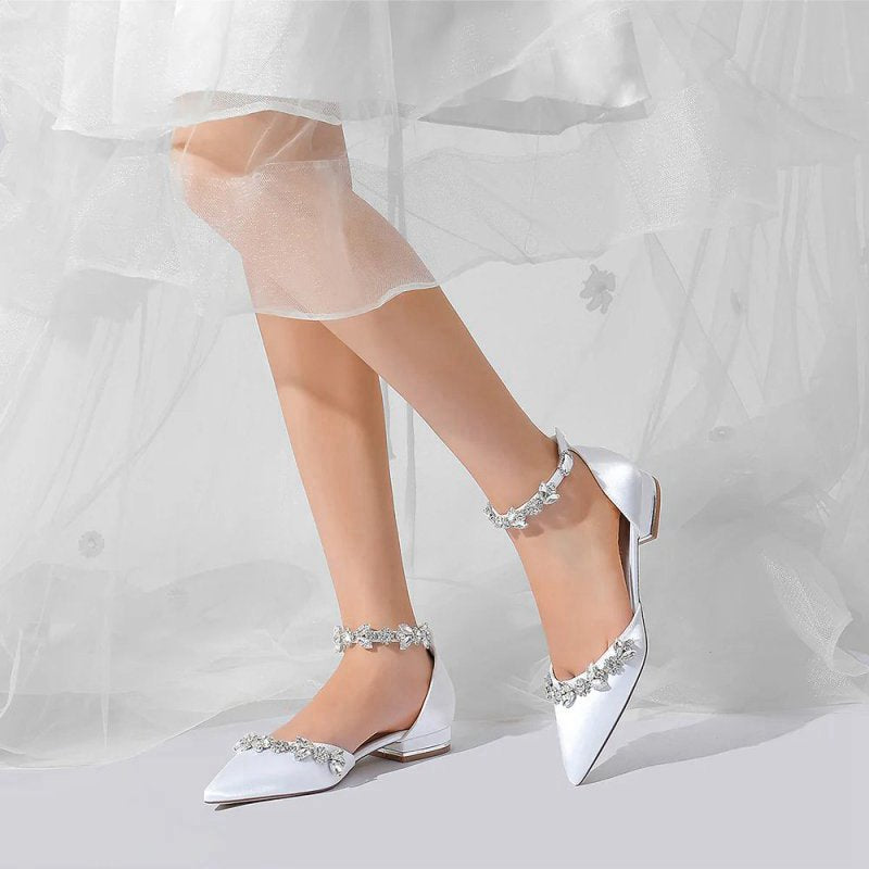 Pointed Toe Rhinestone Beaded Ankle Strap Kitten Heels