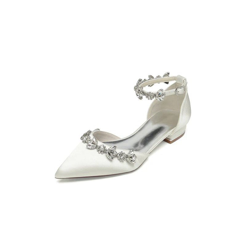 Pointed Toe Rhinestone Beaded Ankle Strap Kitten Heels
