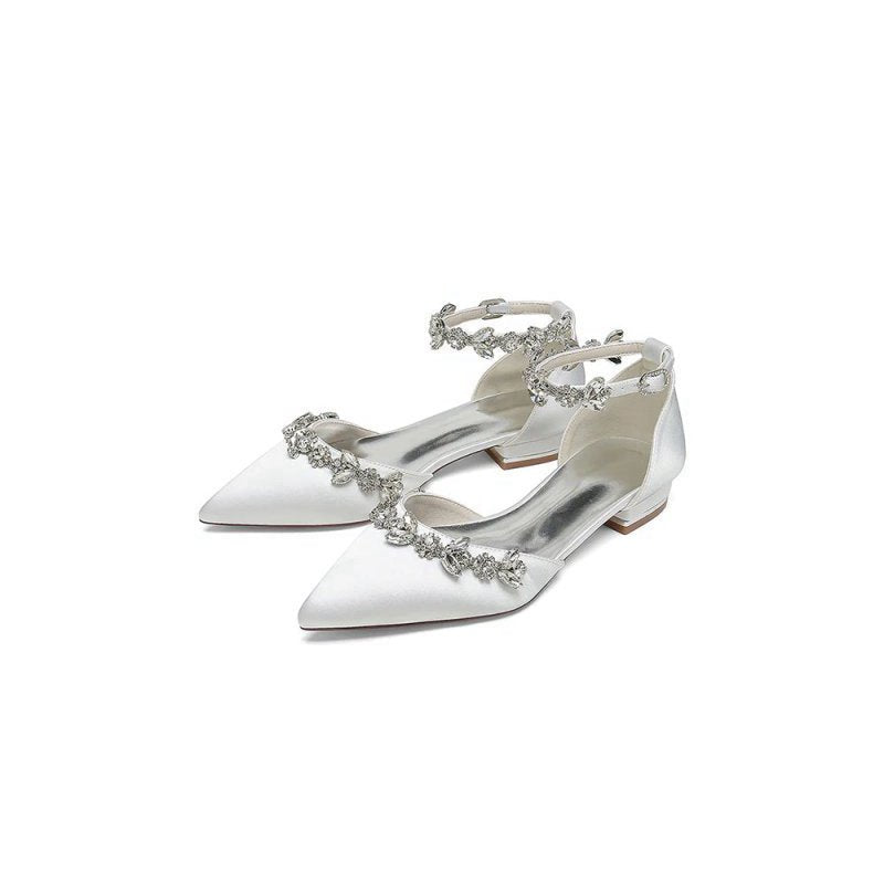 Pointed Toe Rhinestone Beaded Ankle Strap Kitten Heels