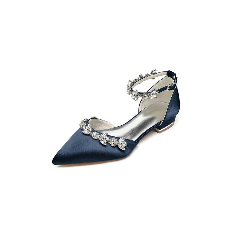 Pointed Toe Rhinestone Beaded Ankle Strap Kitten Heels