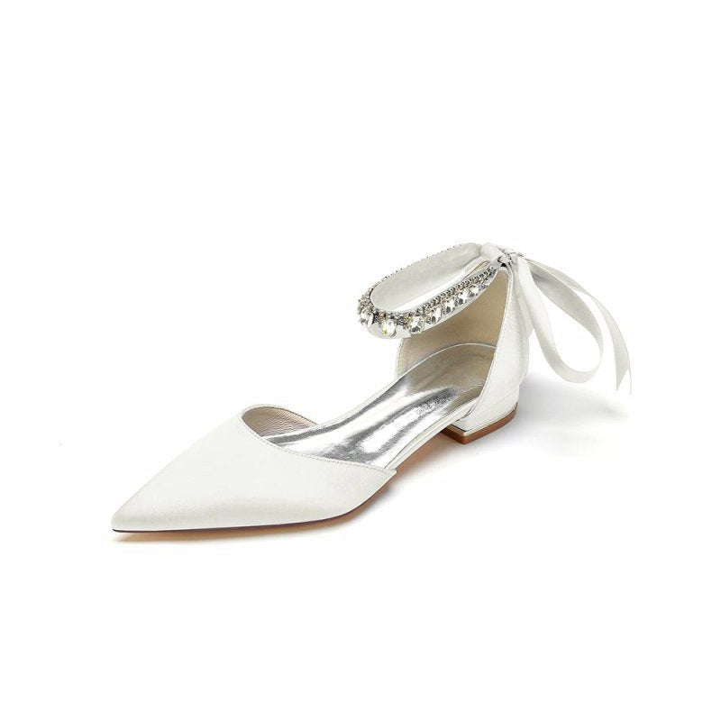Rhinestone Ribbon Pointed Toe Ankle Strap Kitten Heels