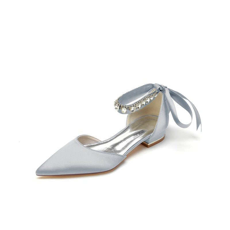 Rhinestone Ribbon Pointed Toe Ankle Strap Kitten Heels