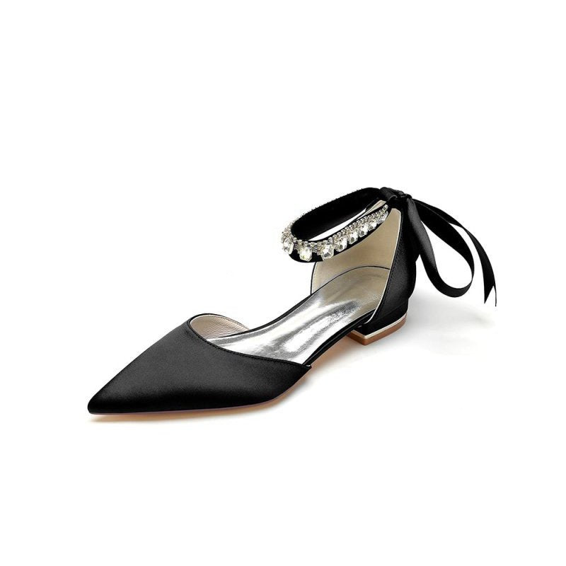 Rhinestone Ribbon Pointed Toe Ankle Strap Kitten Heels