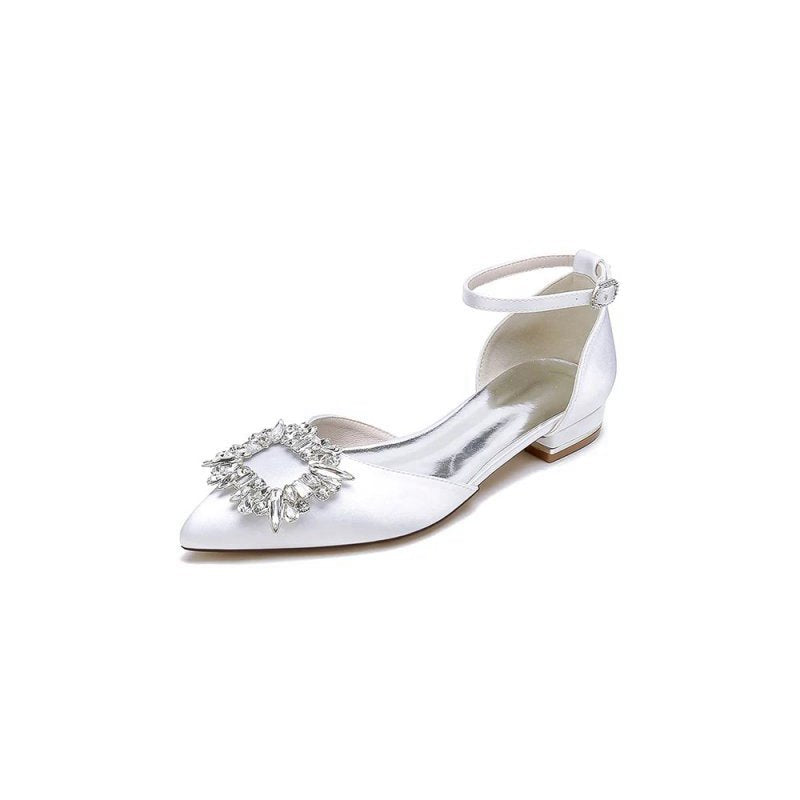 Rhinestone Pointed Toe Ankle Strap Satin Kitten Heels