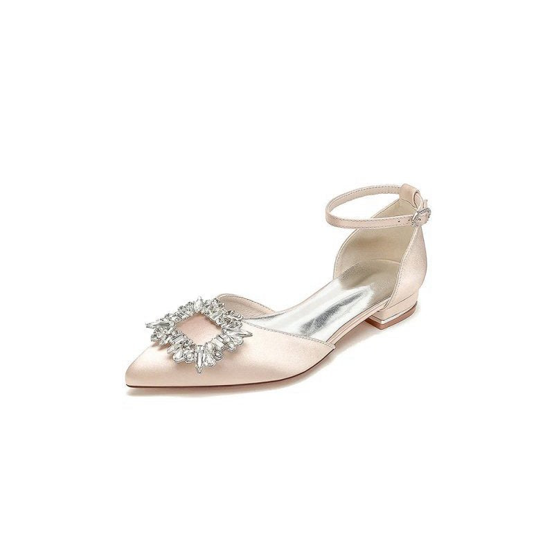 Rhinestone Pointed Toe Ankle Strap Satin Kitten Heels