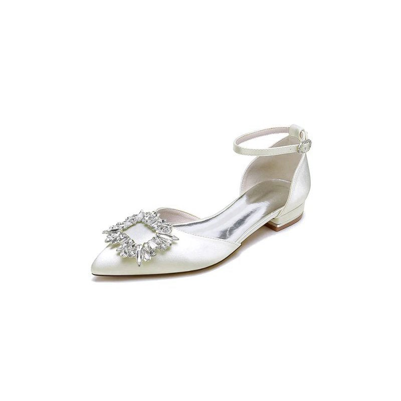 Rhinestone Pointed Toe Ankle Strap Satin Kitten Heels