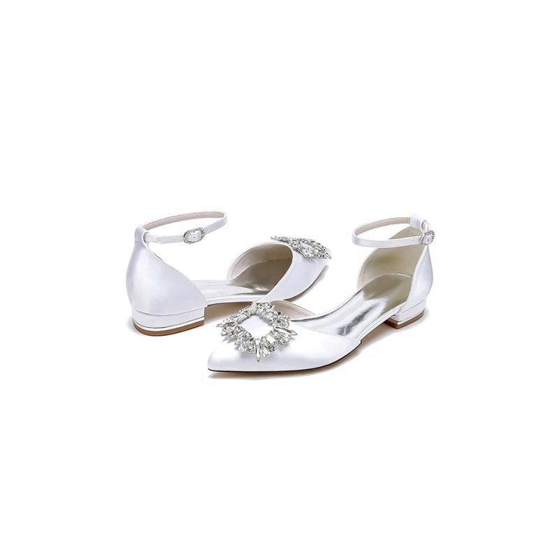 Rhinestone Pointed Toe Ankle Strap Satin Kitten Heels