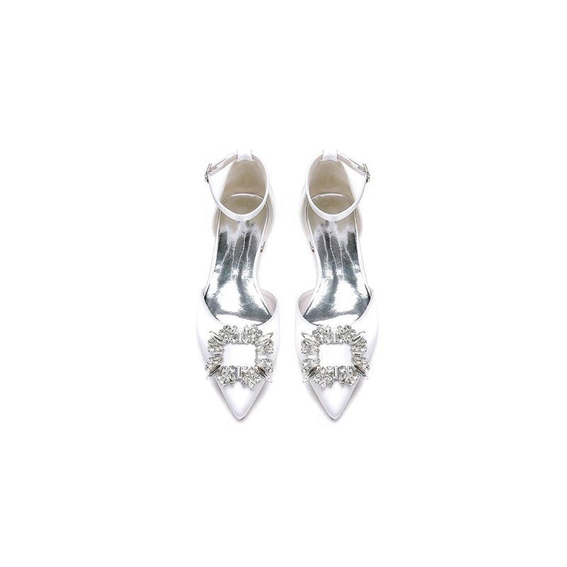 Rhinestone Pointed Toe Ankle Strap Satin Kitten Heels