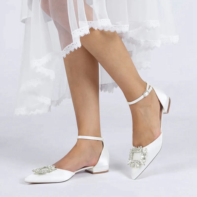Rhinestone Pointed Toe Ankle Strap Satin Kitten Heels