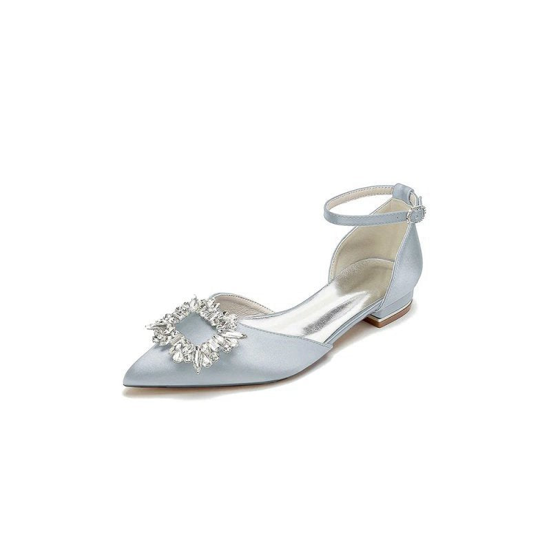 Rhinestone Pointed Toe Ankle Strap Satin Kitten Heels