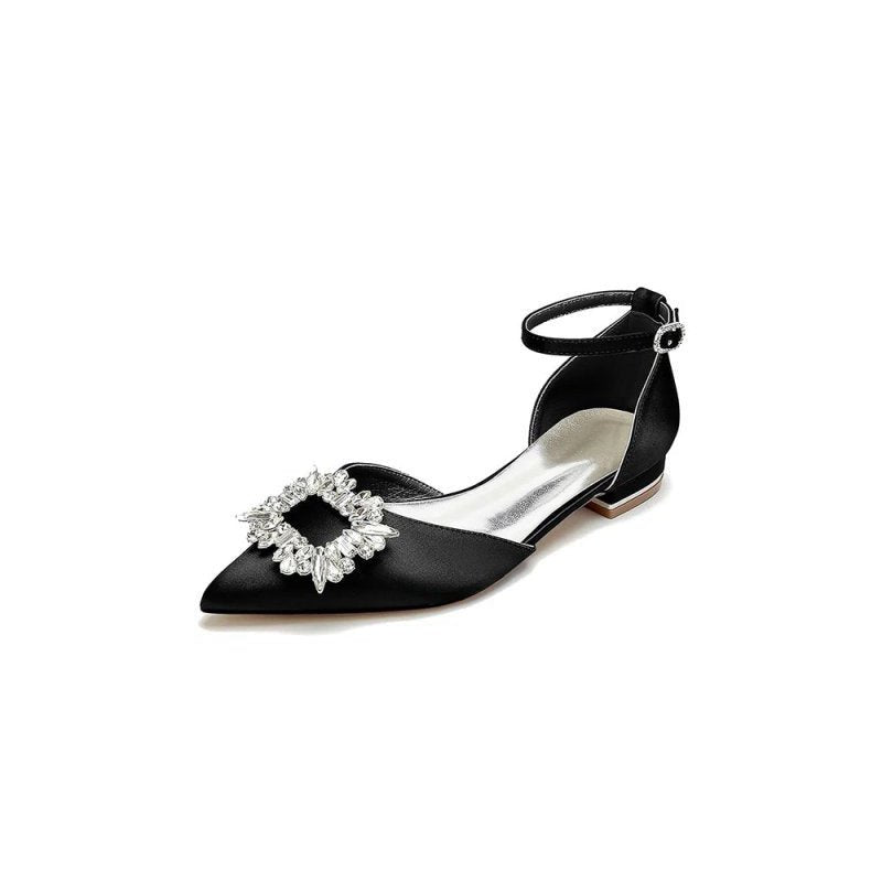 Rhinestone Pointed Toe Ankle Strap Satin Kitten Heels