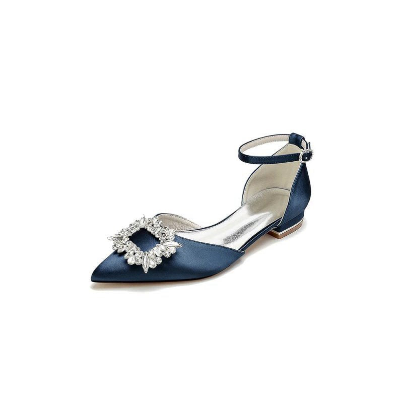 Rhinestone Pointed Toe Ankle Strap Satin Kitten Heels