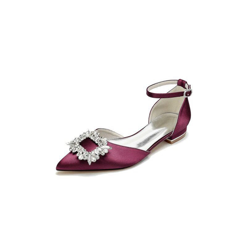 Rhinestone Pointed Toe Ankle Strap Satin Kitten Heels