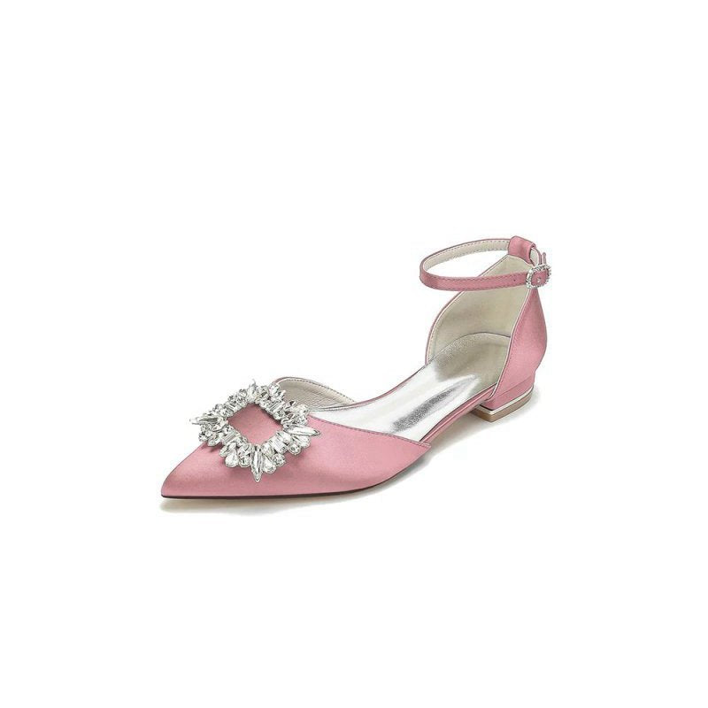 Rhinestone Pointed Toe Ankle Strap Satin Kitten Heels