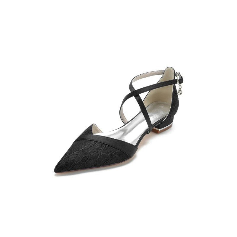 Pointed Toe Lace Ankle Strap Kitten Heels