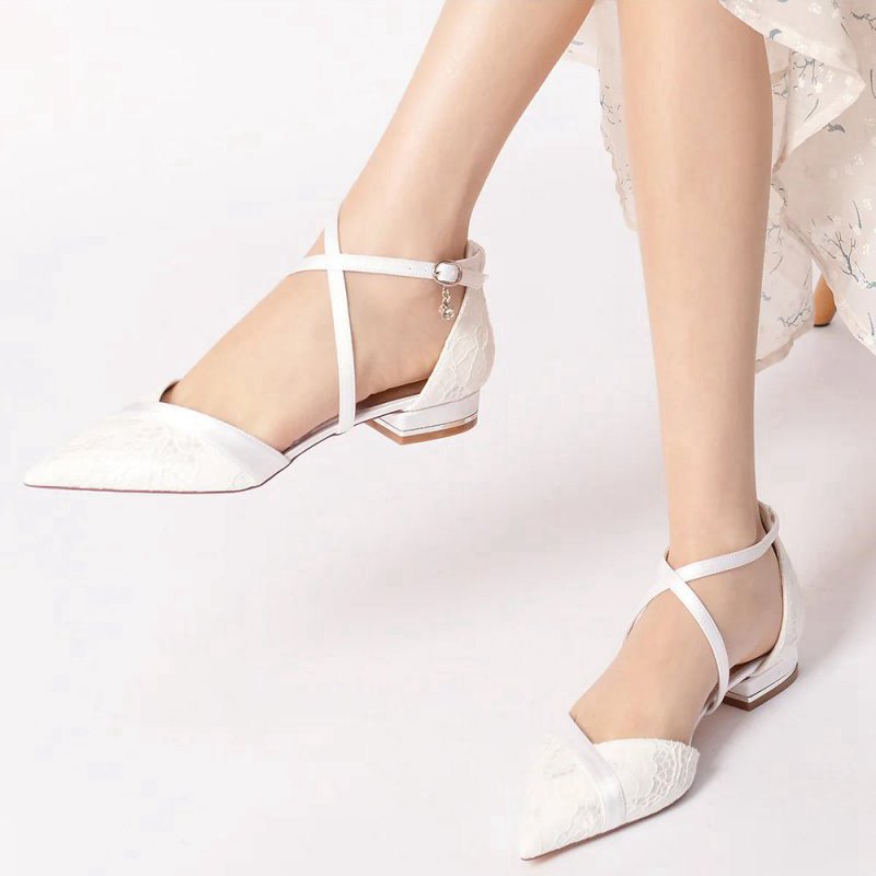 Pointed Toe Lace Ankle Strap Kitten Heels