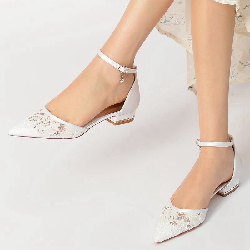Lace Pointed Toe Ankle Strap Kitten Heels