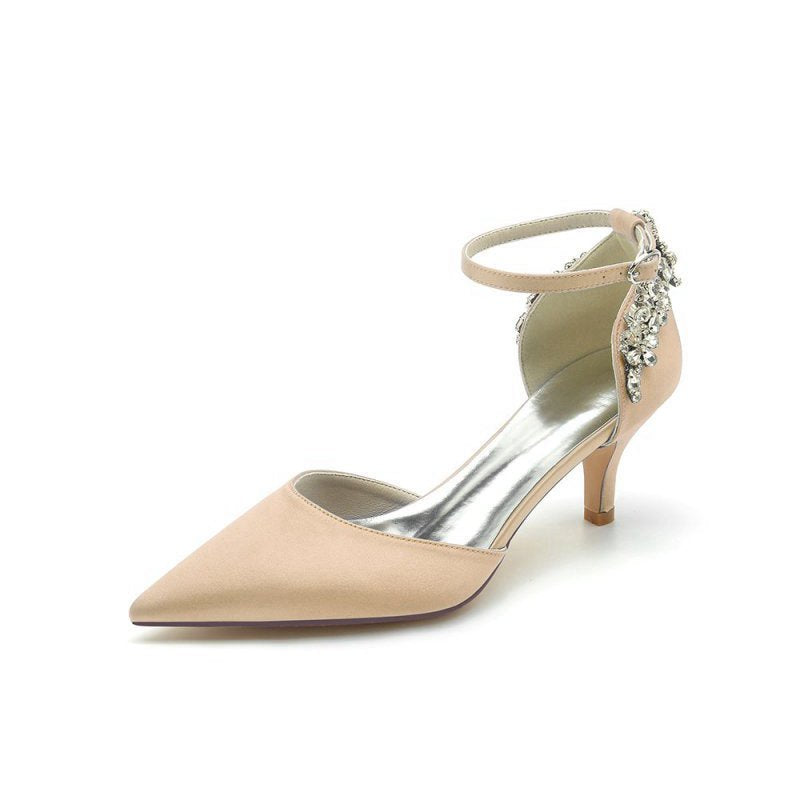 Beading Pointed Toe Ankle Strap High Heels