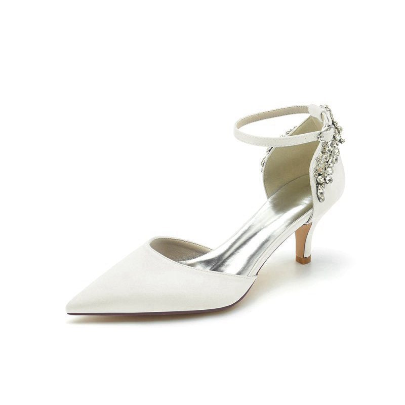 Beading Pointed Toe Ankle Strap High Heels