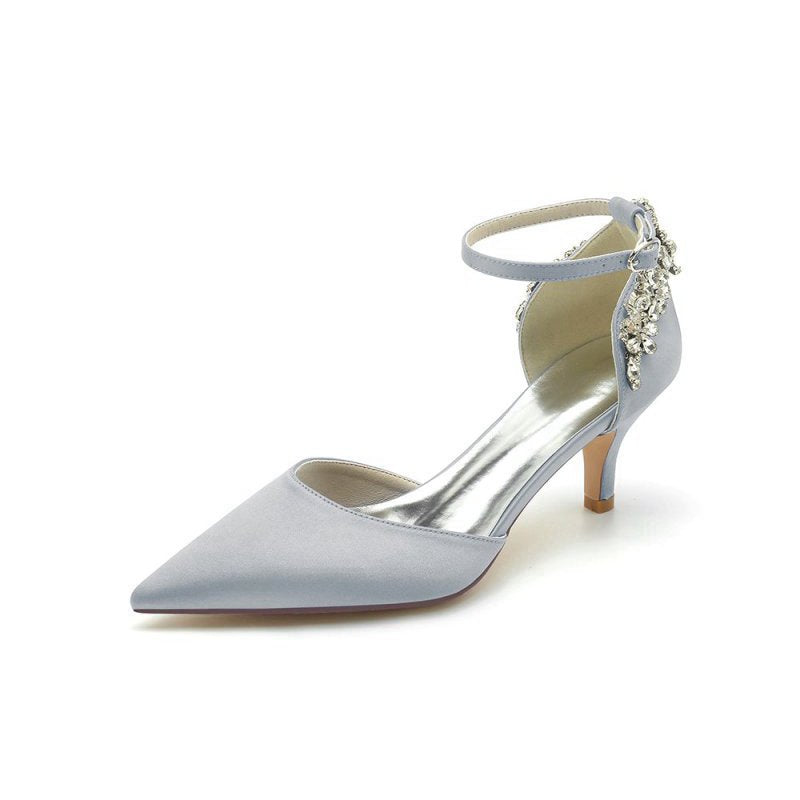 Beading Pointed Toe Ankle Strap High Heels