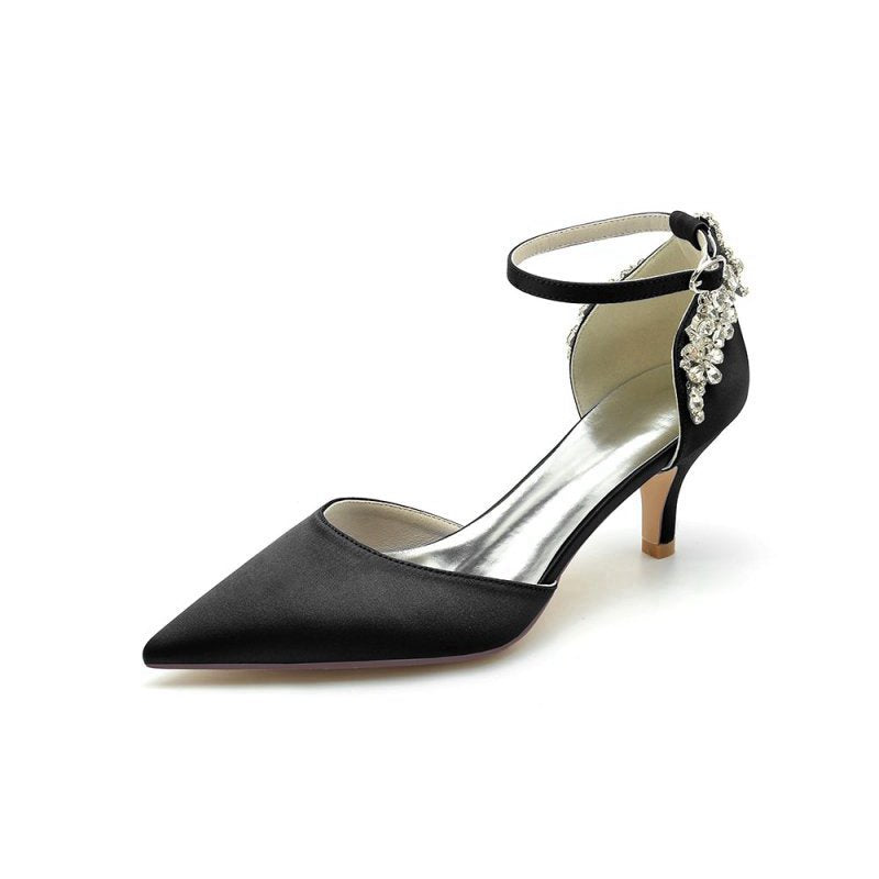 Beading Pointed Toe Ankle Strap High Heels