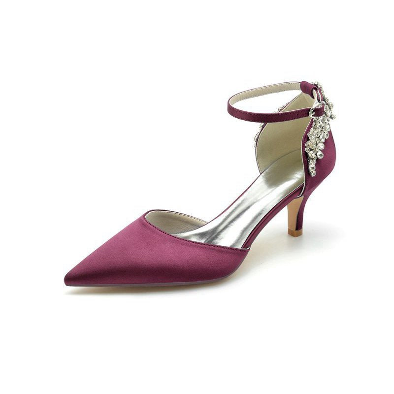 Beading Pointed Toe Ankle Strap High Heels