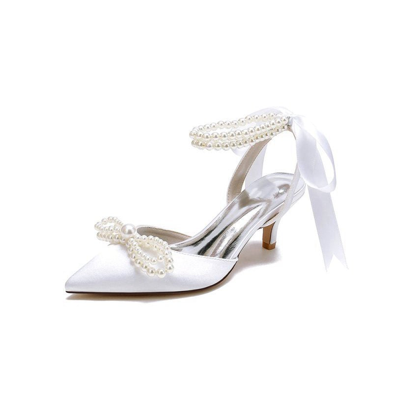 Pearl Ribbon Pointed Toe Ankle Strap High Heels