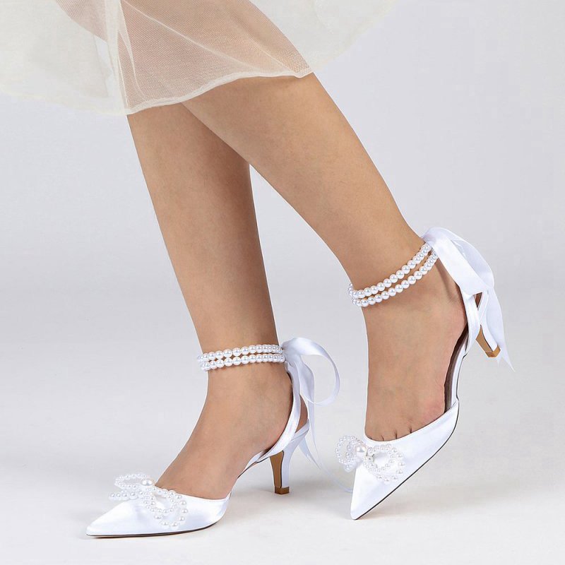 Pearl Ribbon Pointed Toe Ankle Strap High Heels