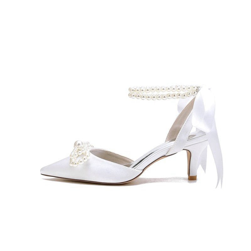 Pearl Ribbon Pointed Toe Ankle Strap High Heels