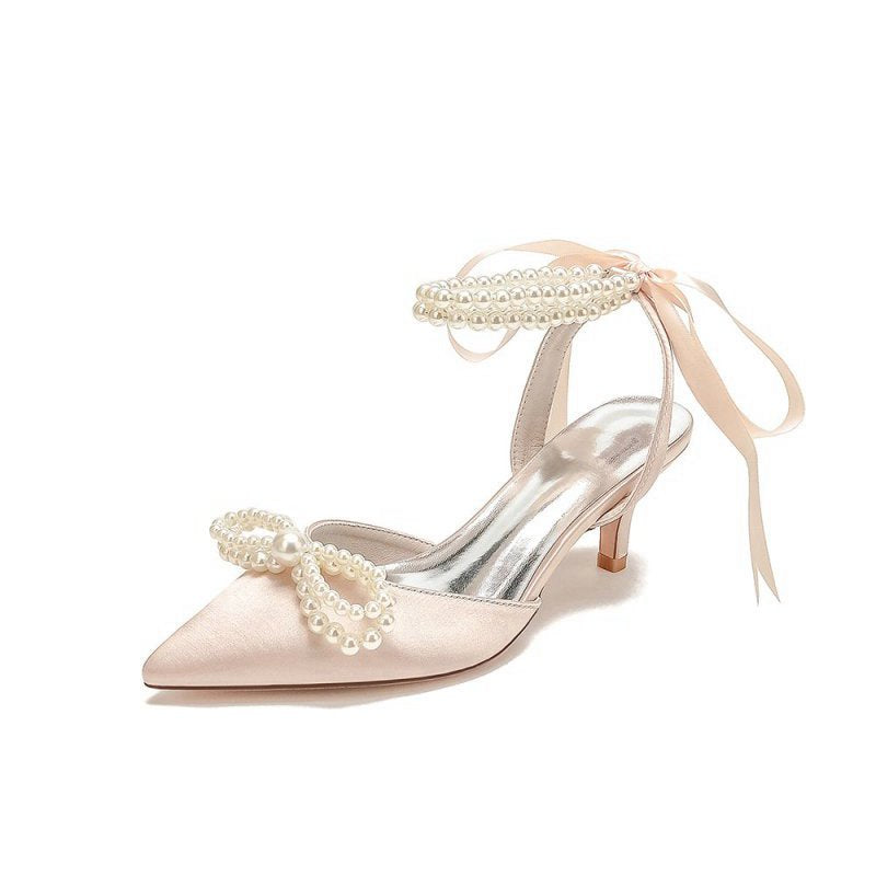 Pearl Ribbon Pointed Toe Ankle Strap High Heels