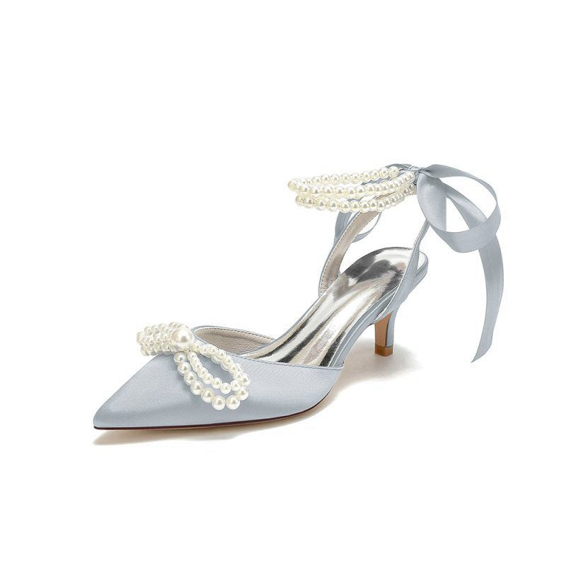 Pearl Ribbon Pointed Toe Ankle Strap High Heels
