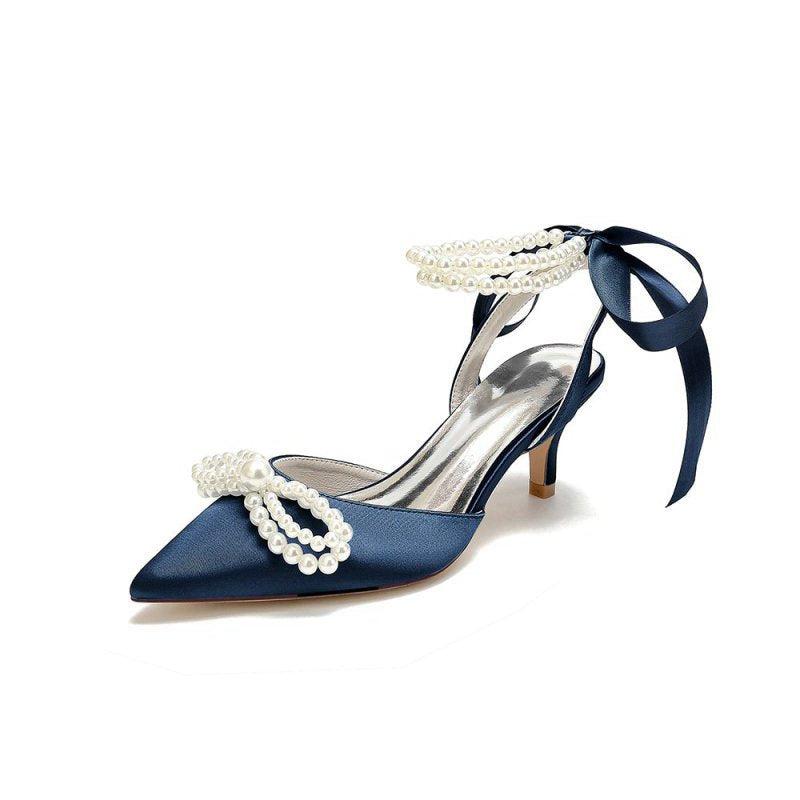 Pearl Ribbon Pointed Toe Ankle Strap High Heels