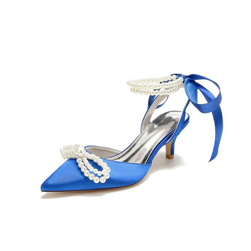 Pearl Ribbon Pointed Toe Ankle Strap High Heels