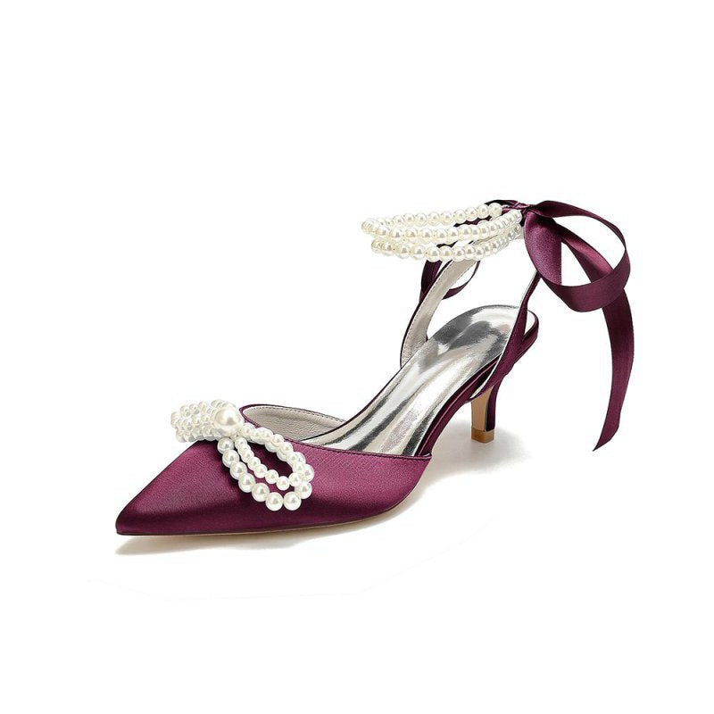 Pearl Ribbon Pointed Toe Ankle Strap High Heels
