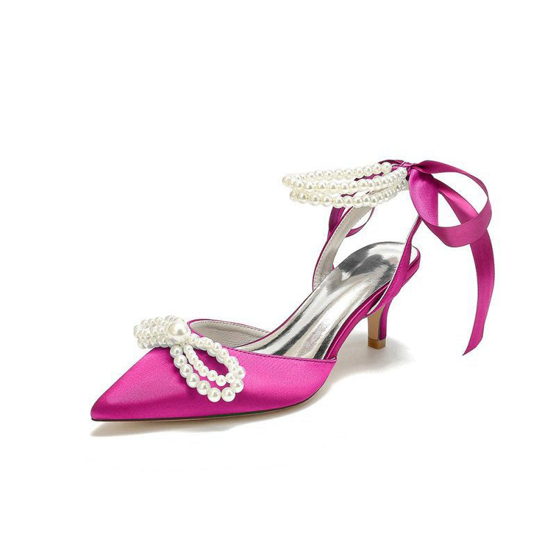 Pearl Ribbon Pointed Toe Ankle Strap High Heels