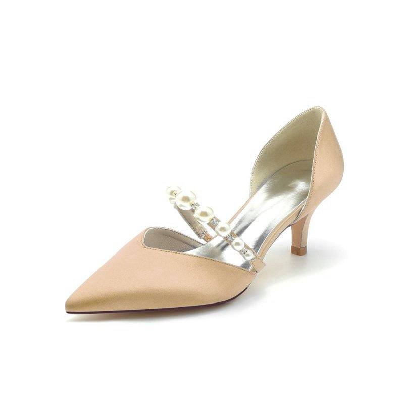 Elegant Satin Pointed Toe Heels with Pearl Strap