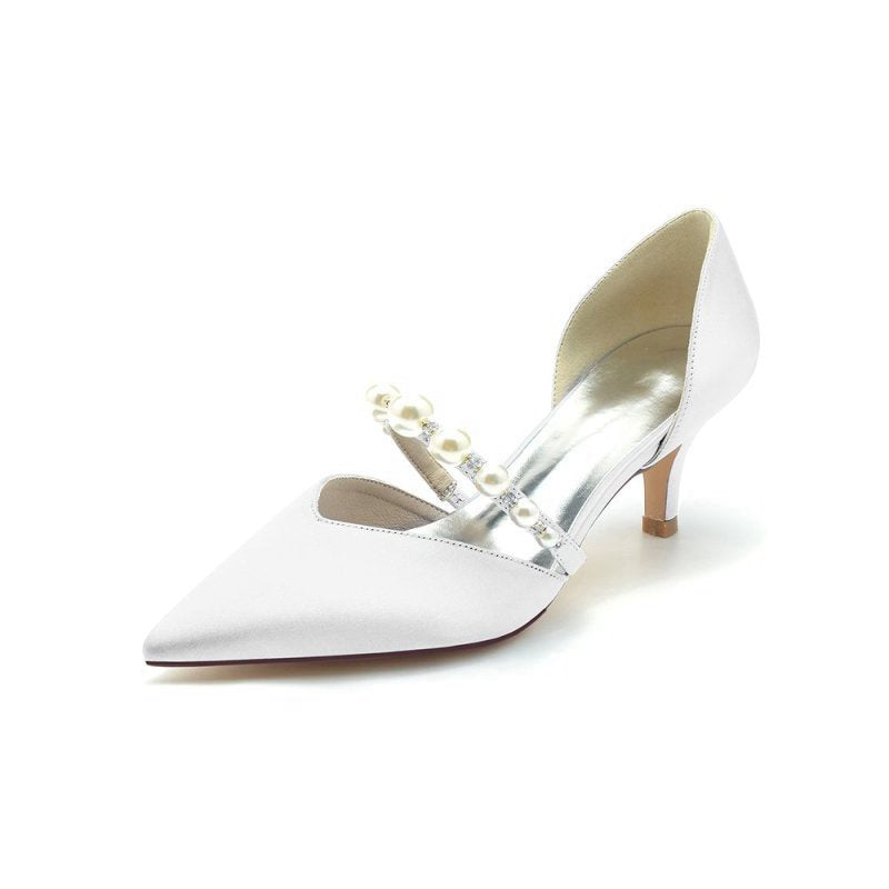 Elegant Satin Pointed Toe Heels with Pearl Strap