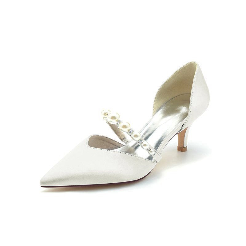 Elegant Satin Pointed Toe Heels with Pearl Strap