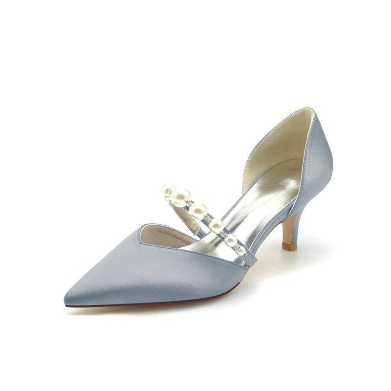 Elegant Satin Pointed Toe Heels with Pearl Strap