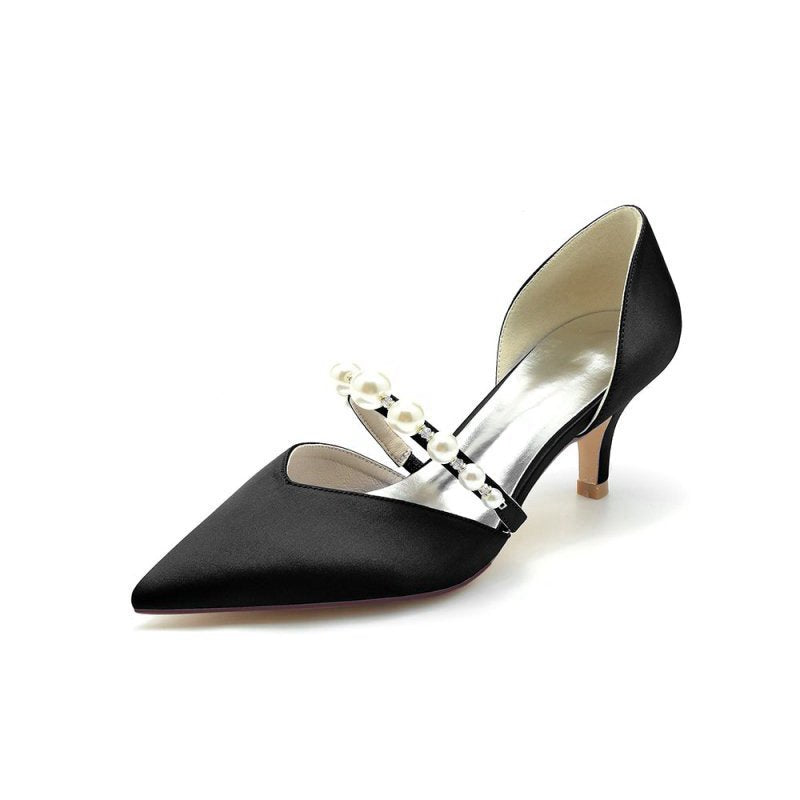 Elegant Satin Pointed Toe Heels with Pearl Strap