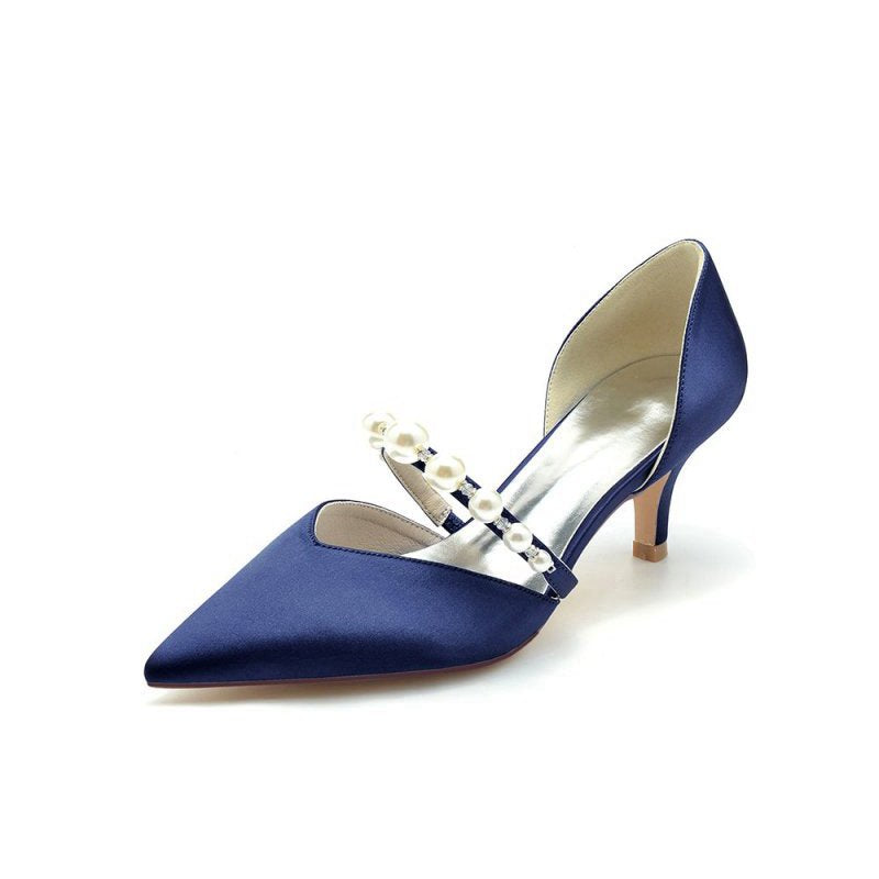 Elegant Satin Pointed Toe Heels with Pearl Strap