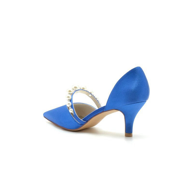 Elegant Satin Pointed Toe Heels with Pearl Strap