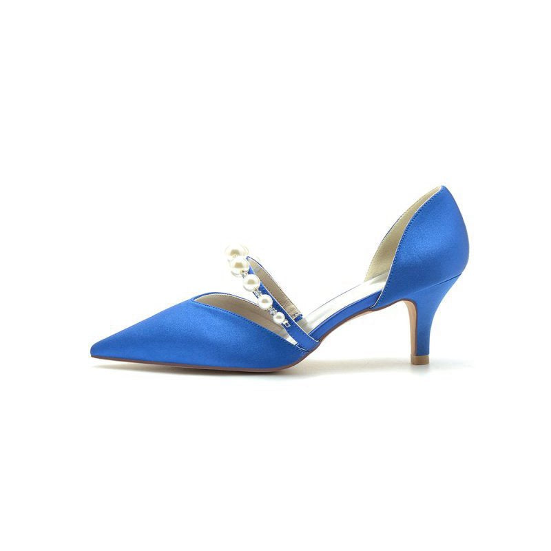 Elegant Satin Pointed Toe Heels with Pearl Strap
