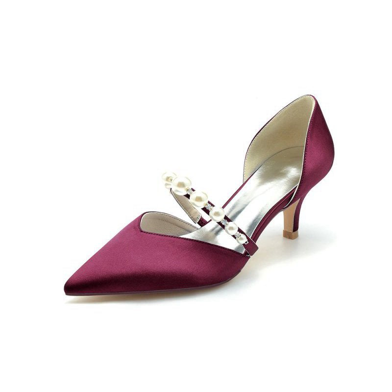 Elegant Satin Pointed Toe Heels with Pearl Strap