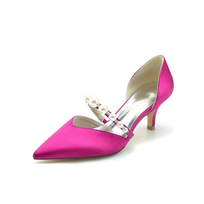 Elegant Satin Pointed Toe Heels with Pearl Strap