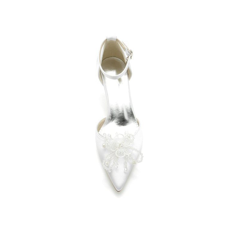 Floral Pointed Toe Beading Kitten Heels
